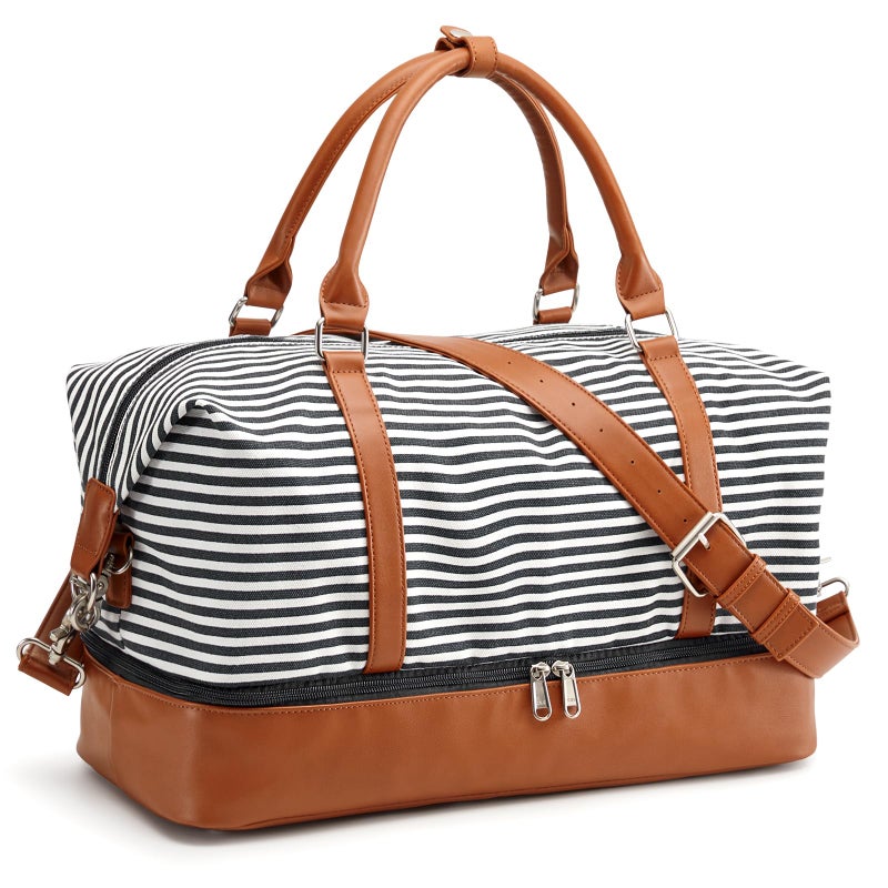 S-ZONE Women Canvas Weekender Bag Overnight Carryon Duffel Tote PU Leather Strap(Large) - Image 1
